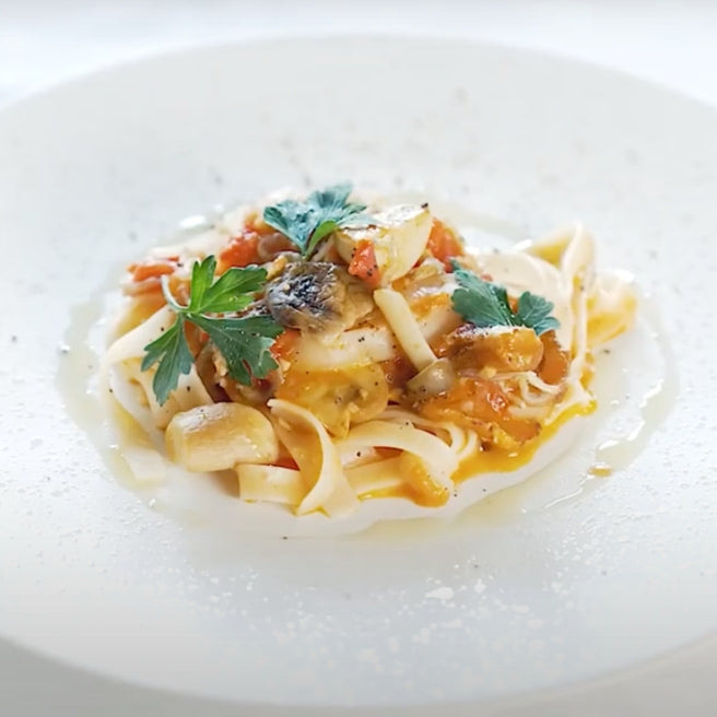 尾道しらすと秋のキノコの米粉フェットチーネ　グルテンフリー×ごちそうパスタ！