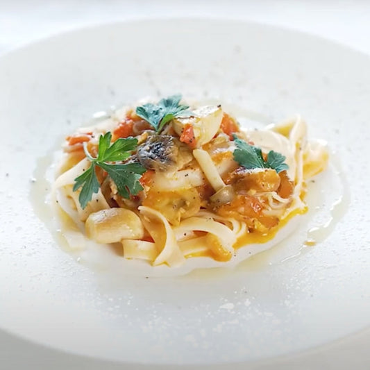 尾道しらすと秋のキノコの米粉フェットチーネ　グルテンフリー×ごちそうパスタ！